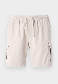 Beige kord nadrágcargo sort rugalmas derékkal, húzózsinórral és két oldalsó zsebbel. Az anyag texturált, bordázott mintázatú.