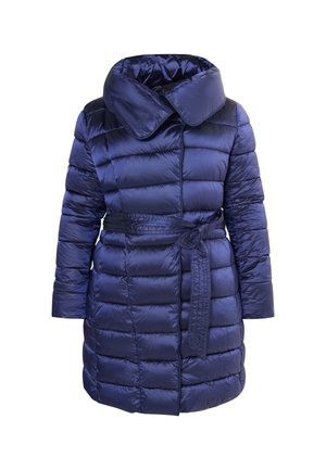 Granatowa puchowa kurtka z szerokim kołnierzem, pikowanym wzorem, przewiązywanym w talii oraz błyszczącą powierzchnią, z długimi rękawami i długością sięgającą do połowy uda.