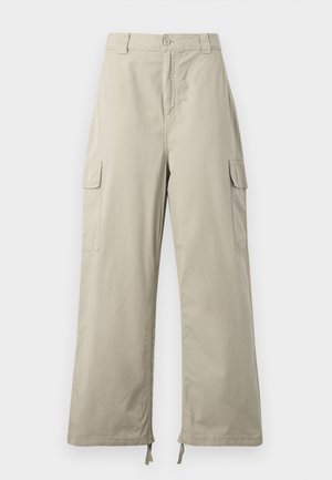 Lysebeige cargo-bukser med avslappet passform, featuring knappelukking, sidelommer og justerbar hem med snorer. Slitesterk tekstur.