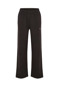 Zwarte, wijde sweatpants van zacht materiaal met een elastische tailleband en een kleine logo-accent aan de voorkant links.