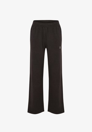 Black, wide-leg sweatpants made of soft fabric with an elastic waistband and a small logo accent on the front left side.
