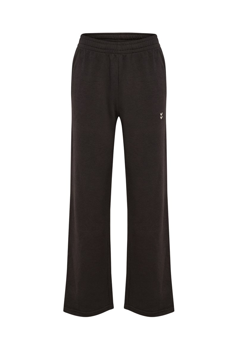 Zwarte, wijde sweatpants van zacht materiaal met een elastische tailleband en een kleine logo-accent aan de voorkant links.