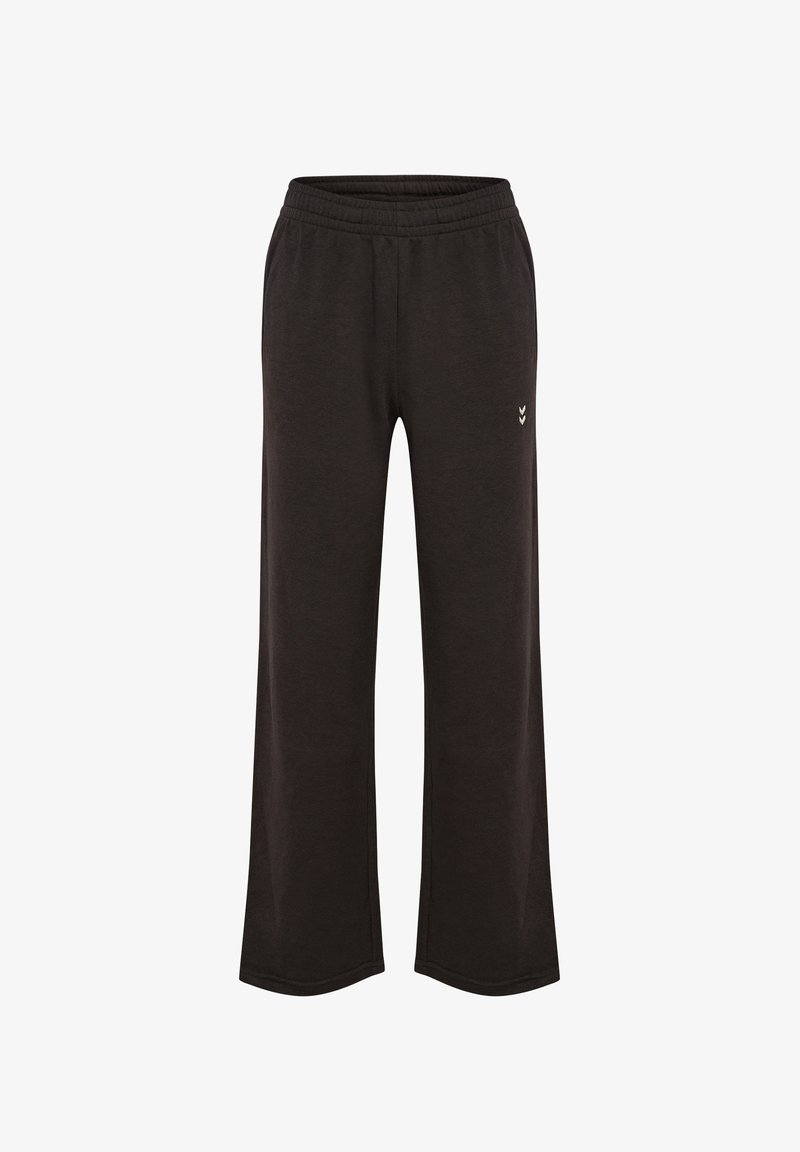 Zwarte, wijde sweatpants van zacht materiaal met een elastische tailleband en een kleine logo-accent aan de voorkant links.