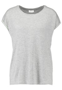 Camiseta de manga corta gris claro hecha de un tejido suave, con cuello redondo y sutiles acentos verdes en las mangas.