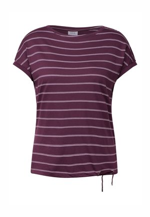 Lila T-Shirt mit kurzen Ärmeln und weißen horizontalen Streifen, lockere Passform, Rundhalsausschnitt und verstellbarem Kordelzug am Saum.