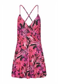 Kwiatowa sukienka z dekoltem w serek i krzyżującymi się ramiączkami. Posiada różowo-czarny tropikalny wzór, rozkloszowany dół oraz lekki materiał.