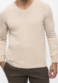 Beige V-hals trui van gebreid materiaal. Heeft lange mouwen en een getailleerde pasvorm, met een geribde zoom en manchetten.