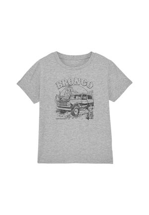 Graues T-Shirt mit kurzen Ärmeln und einer schwarzen Skizze eines Vintage Bronco SUV in einer Wüstenlandschaft mit Kakteen und Bergen, darüber der Schriftzug "BRONCO".