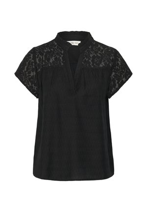 Zwarte blouse met korte mouwen en kanten details op de schouders en de bovenkant van de borst, voorzien van een kleine opstaande kraag en een V-vormige halslijn.