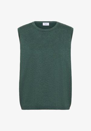 Crna pletiva bez rukava u tamnozelenoj boji s okruglim izrezom i rebrastim rubom, označena "Saint Tropez" unutar ovratnika.