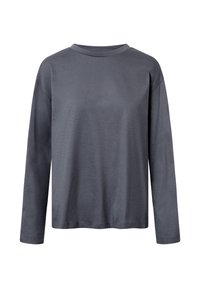 Mörkgrå långärmad tröja med rund hals. Mjuk textur och avslappnad passform. Har en enkel design utan synliga mönster eller utsmyckningar.