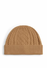 Strickmütze in hellbraun mit einem strukturierten Zopfmuster und einem gerippten Bündchen. Hergestellt aus weichem Stoff für Wärme und Komfort.