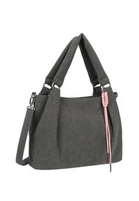 Borsa in suede grigio con una texture morbida, manici doppi e tracolla rimovibile. Presenta un accento in corda rosa sul lato.