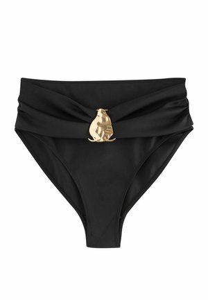 Černý bikiny spodní díl s vysokým pasem, řaseným páskem a střední lesklou nepravidelnou zlatou kovovou ozdobou.