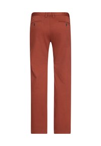 Rust-colored men's straight-leg trousers with belt loops and two buttoned back pockets, shown from the rear.