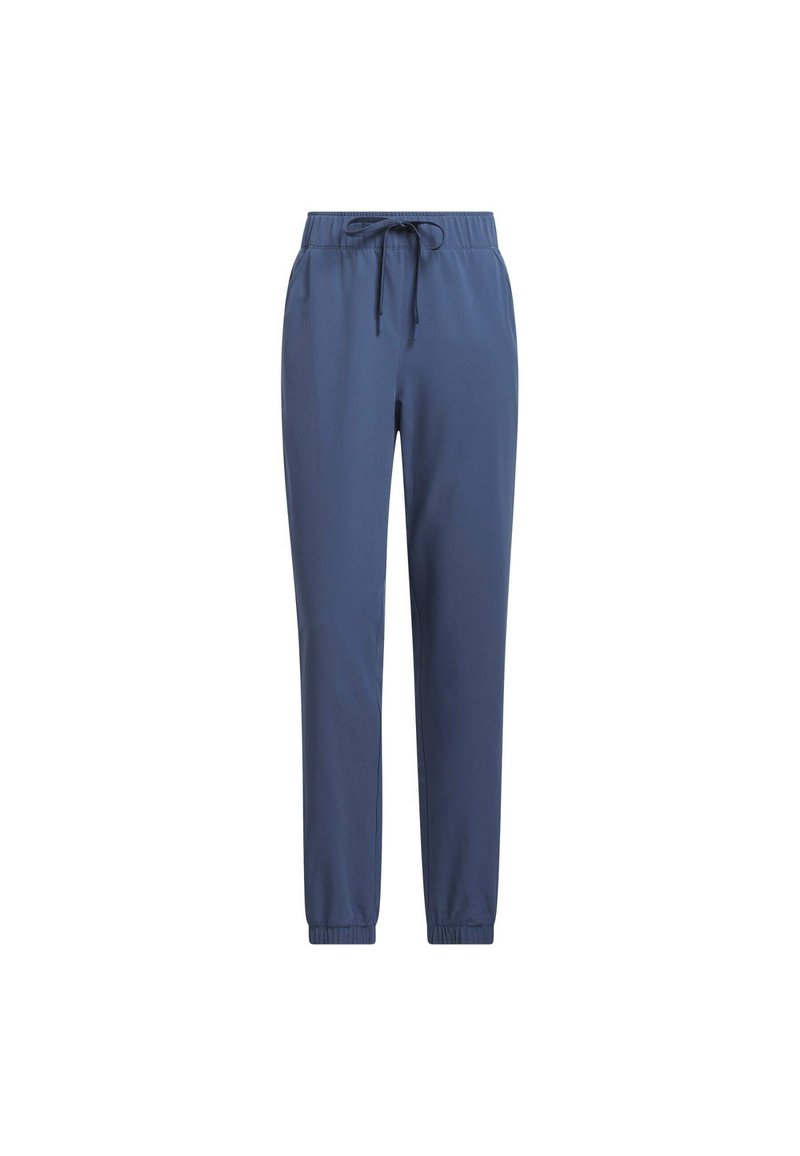 Pantalons de jogging bleu marine en tissu léger, avec une taille élastique dotée d'un cordon de serrage et des poignets ajustés aux chevilles.