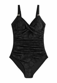 Costume da bagno intero nero con texture arricciata, motivo floreale, spalline regolabili e dettagli dorati. Materiale morbido e design aderente.