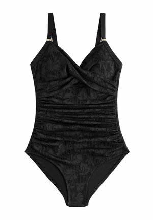 Costume da bagno intero nero con texture arricciata, motivo floreale, spalline regolabili e dettagli dorati. Materiale morbido e design aderente.
