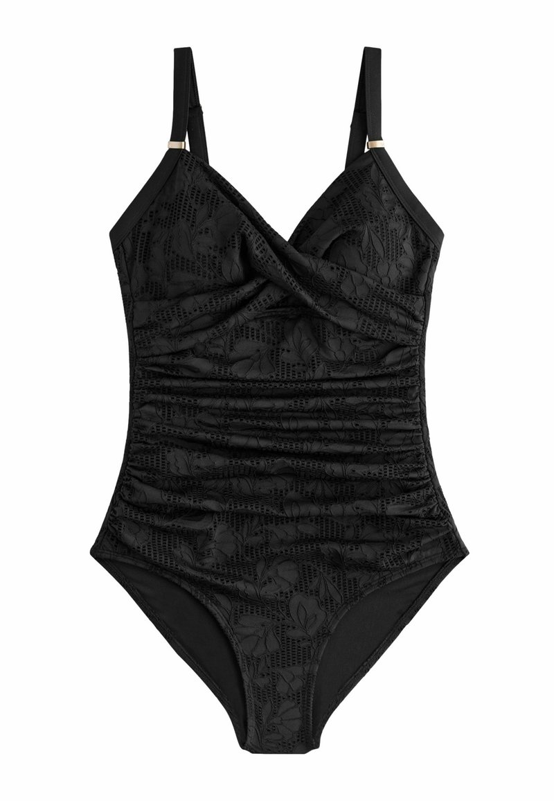 Costume da bagno intero nero con texture arricciata, motivo floreale, spalline regolabili e dettagli dorati. Materiale morbido e design aderente.