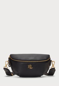 Schwarze Leder-Gürteltasche mit einer geschwungenen Form, goldenen Beschlägen, Reißverschluss und einem Logo-Detail auf der Vorderseite. Verstellbarer Riemen enthalten.
