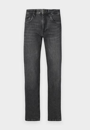 Dark gray straight-leg jeans made of denim, featuring five pockets, a belt loop waistband, and subtle fading. Stitched accents visible.