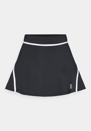 Black athletic skirt with white piping along the waist and sides, featuring a small logo on the lower right side.