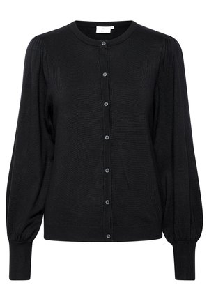 Black knitted cardigan featuring a round neckline, front button closure, ribbed cuffs, and slightly puffed long sleeves.