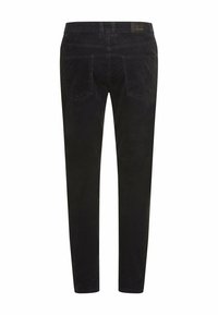 Zwarte denim broeken met een recht model, met twee achterzakken, een label op de tailleband en een gladde textuur. Eenvoudige en functionele stijl.