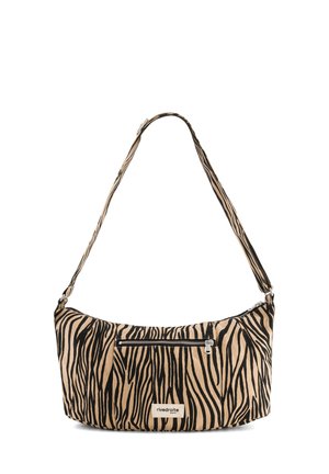 Borsa a spalla in tessuto con stampa a strisce zebrate, forma curva, colori nero e beige, chiusura con zip superiore e tasca con zip frontale.