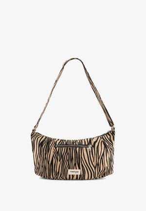 Sac à bandoulière en tissu imprimé zèbre avec une forme incurvée, couleurs noir et beige, fermeture zippée sur le dessus et poche zippée à l'avant.