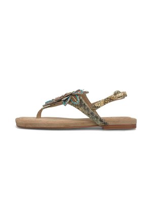 Platte sandaal met snake-print bandjes, gesp sluiting, versierd met een met kralen bezette vlinder op het bovenste teenbandje, en een beige gevoerde zool.