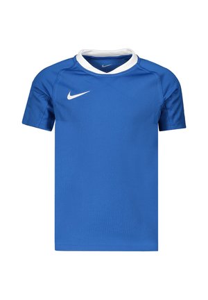 Niebieska sportowa koszulka z krótkim rękawem, białym kołnierzykiem i białym logo Nike na prawej piersi, prezentowana na jednolitym białym tle.