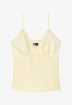 Top senza maniche a scollo a V giallo chiaro con texture plissettata. Presenta bordi arricciati e un corpetto aderente. Etichetta visibile al centro.