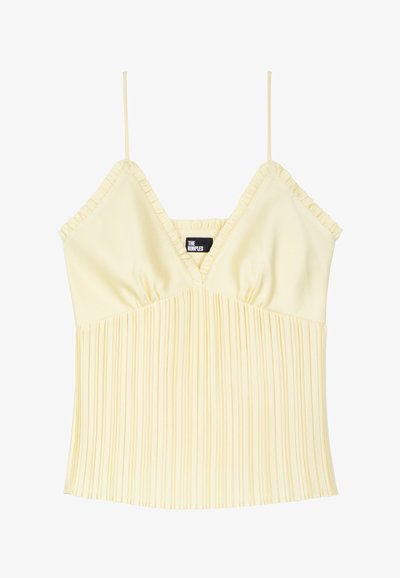 Bezrdzenny top w kształcie litery V w miękkim żółtym kolorze z plisowanym wzorem. Posiada falbany na brzegach oraz dopasowany górny part. Metka widoczna na środku.