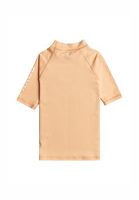 Rashguard z krótkim rękawem w jasnym brzoskwiniowym kolorze, wykonany z gładkiego, elastycznego materiału. Posiada wysoki kołnierz oraz białe logo na lewym rękawie.