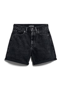 Shorts en denim noir avec ourlets roulés, bouton frontal, passants de ceinture, et design à cinq poches, posés à plat sur fond blanc.