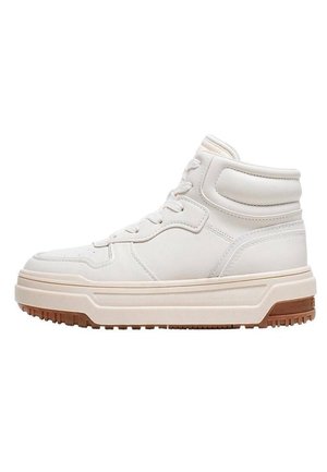 Højtop hvid sneaker med tyk beige sål og brun slidbane, med snørebånd foran og polstret ankelkrave.