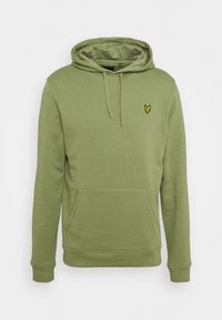 Olivegrüner Hoodie aus weichem Baumwollmix, mit einer vorderen Kängurutasche, verstellbarem Kapuzenzug und einem kleinen gestickten Schmetterlingslogo.