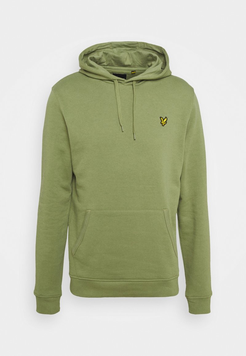 Olivegrüner Hoodie aus weichem Baumwollmix, mit einer vorderen Kängurutasche, verstellbarem Kapuzenzug und einem kleinen gestickten Schmetterlingslogo.