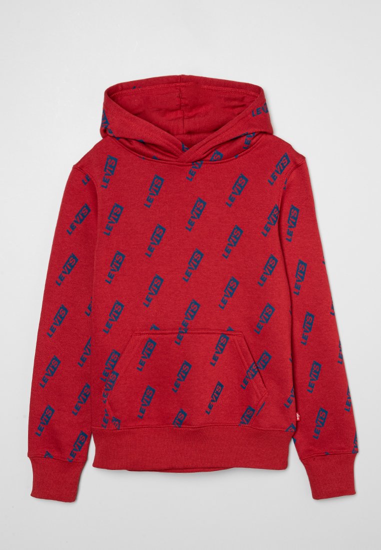 Felpa rossa con cappuccio caratterizzata dal pattern blu del logo "LEVI'S", tasca frontale e cappuccio con cordino. Realizzata in morbido tessuto testurizzato con polsini a coste.