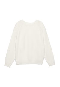 Fehér pulóver puha kötött anyagból. Kerek nyakkivágással, hosszú raglán ujjakkal és finoman texturált, testhez simuló szegéllyel rendelkezik.