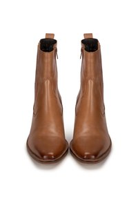 Brown leather ankle boots with a pointed toe, smooth texture, side zipper, and rounded heel. Notable stitching along the sides.
