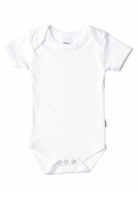 White short-sleeve bodysuit made of soft fabric. Features a round neckline, snap closure at the bottom, and tag on the side.