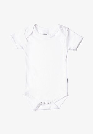 White short-sleeve bodysuit made of soft fabric. Features a round neckline, snap closure at the bottom, and tag on the side.