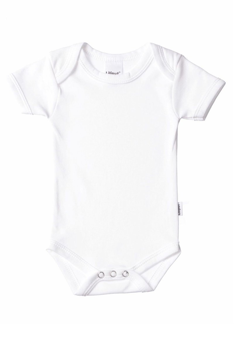 White short-sleeve bodysuit made of soft fabric. Features a round neckline, snap closure at the bottom, and tag on the side.