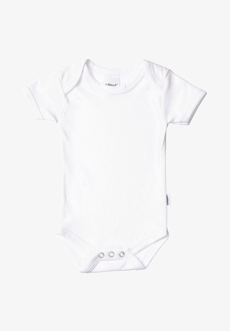 Weißer Kurzarm-Body aus weichem Stoff. Verfügt über einen runden Halsausschnitt, einen Druckverschluss am Boden und ein Etikett an der Seite.