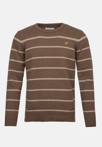Bruine gestreepte trui met een ronde hals, voorzien van lichte beige strepen en een klein geel logo op de borst. Zachte textuur en normale pasvorm.