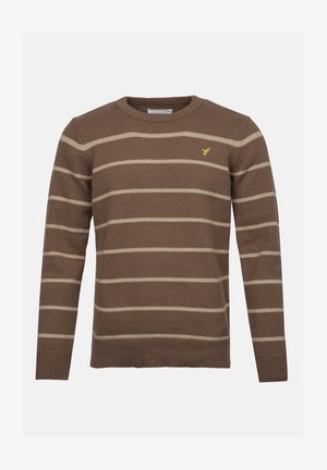 Bruine gestreepte trui met een ronde hals, voorzien van lichte beige strepen en een klein geel logo op de borst. Zachte textuur en normale pasvorm.