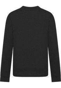 Långärmad svart t-shirt, tillverkad av bomull, har en rundad halsringning och fållade ärmslut. Slät yta utan synliga mönster eller detaljer.