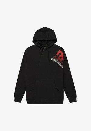 Zwarte hoodie met trekkoorden, grote voorzak, met een rood en grijs logo ontwerp aan de linkerkant. Gemaakt van warme, zachte stof.